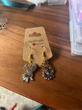 Handmade Phoenix and Dragon Dangle Earrings - Silver and Gold Tones